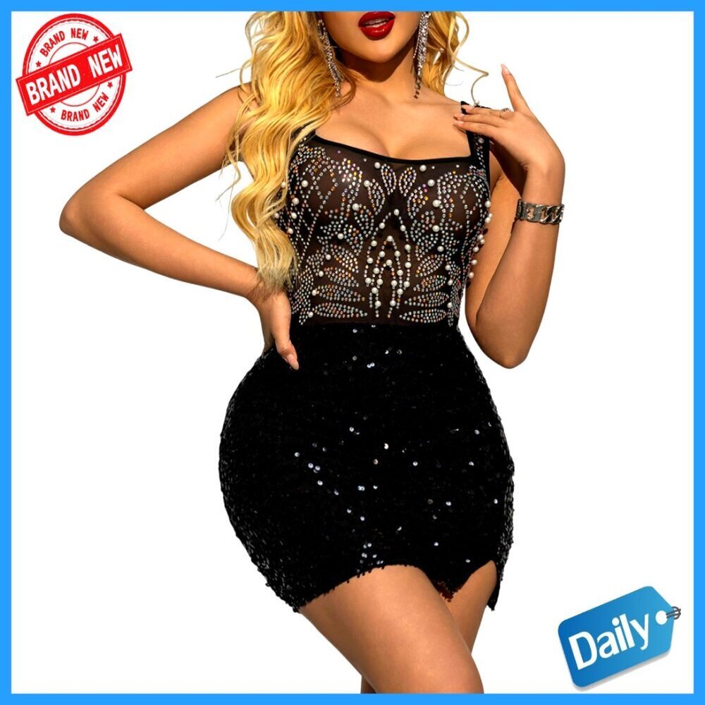 Sequin Bodycon Mini Dress Beaded Rhinestone Mesh Patchwork Velvet Party